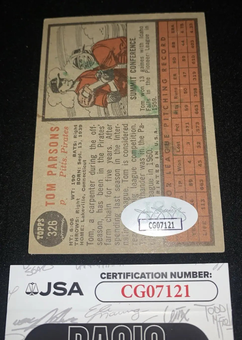 1962 Topps Tom Parsons Rookie autograph baseball card featuring Pittsburgh Pirates JSA autograph
