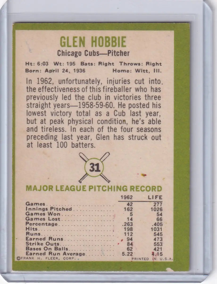 1963 Fleer #31 Glen Hobbie - Chicago Cubs - Baseball Card Single