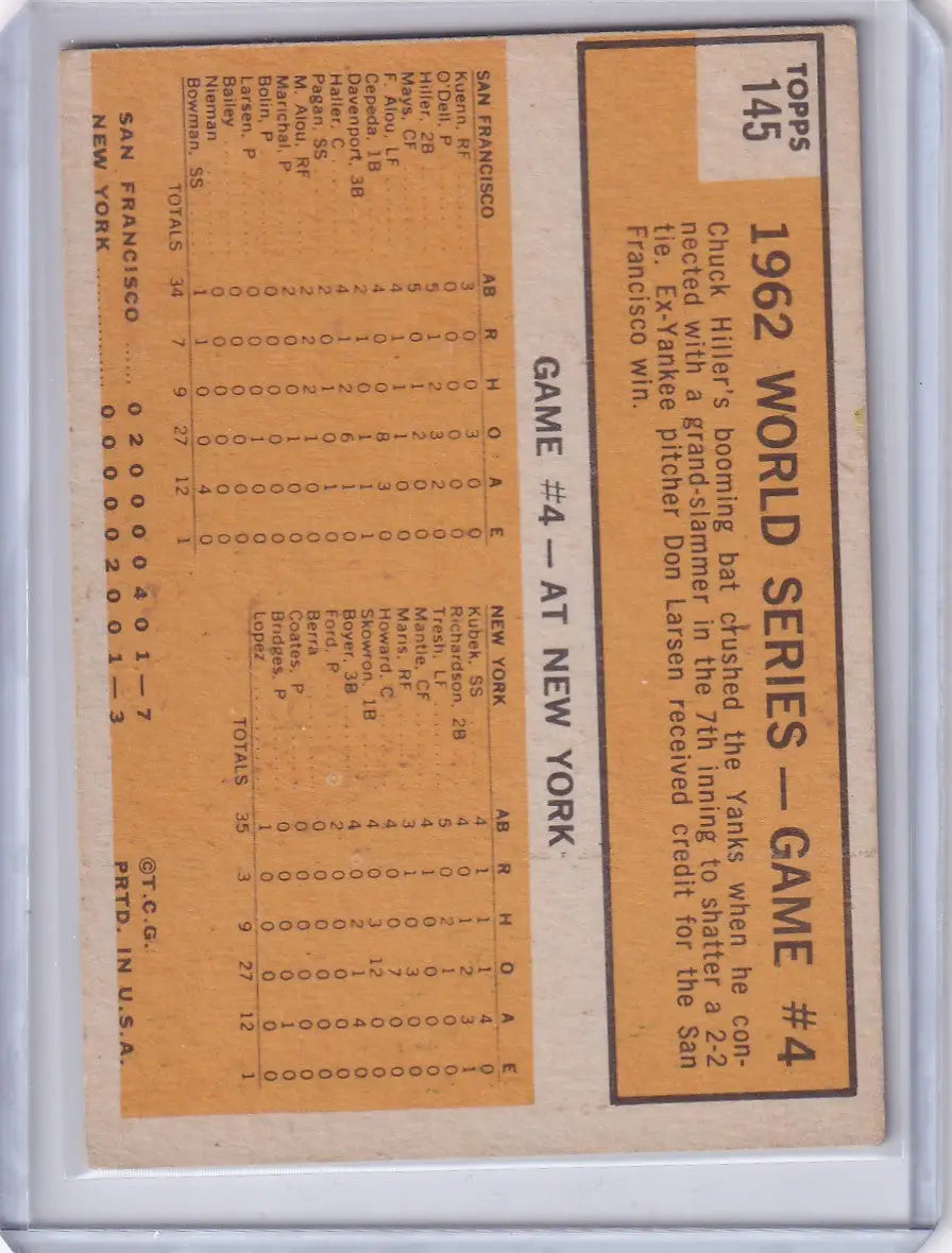Baseball card showcasing 1962 World Series Game stats for Hiller Blasts Grand Slammer