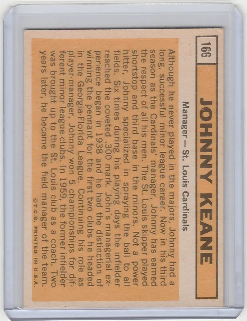 Baseball card of Johnny Keane from 1963 Topps St. Louis Cardinals EXMT collection