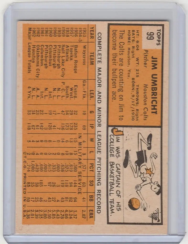 Vintage 1963 Topps #99 Jim Umbricht Houston Colts EXMT baseball card with cartoon illustration