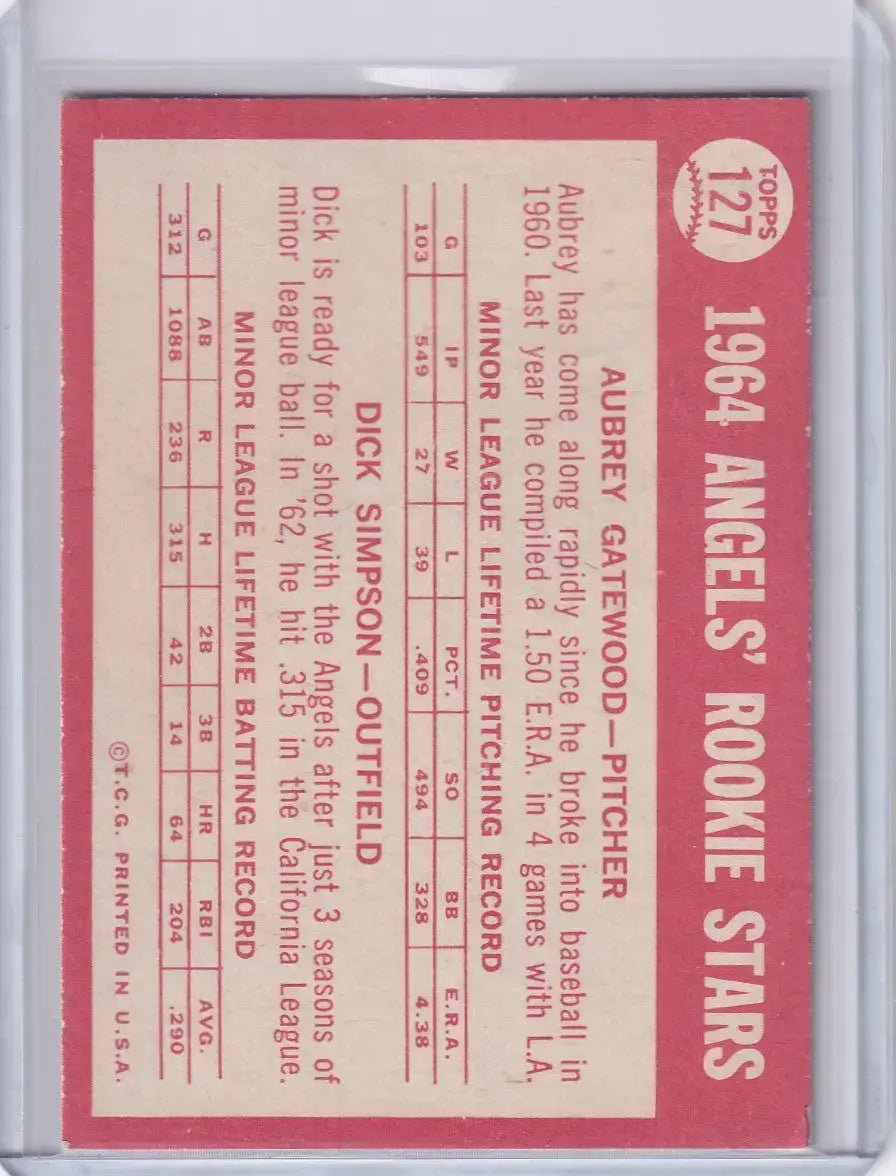 1964 Topps Baseball #127 Angels Rookies - Aubrey Gatewood / Dick Simpson RC - Baseball Card Single