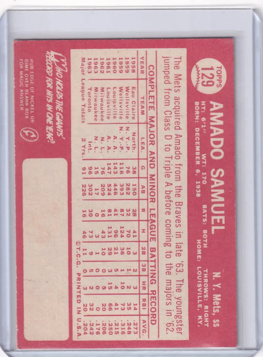 1964 Topps Baseball card of Amado Samuel featuring New York Mets statistics