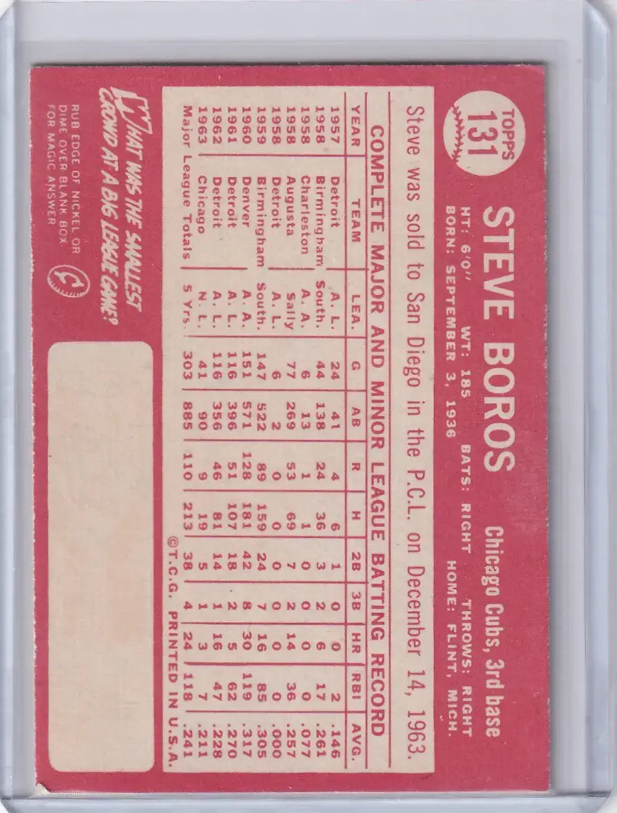 1964 Topps Baseball #131 Steve Boros - Chicago Cubs - Baseball Card Single