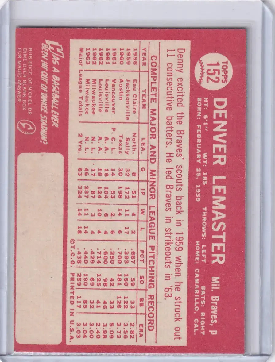 1964 Topps Baseball #152 Denver LeMaster - Milwaukee Braves - Baseball Card Single