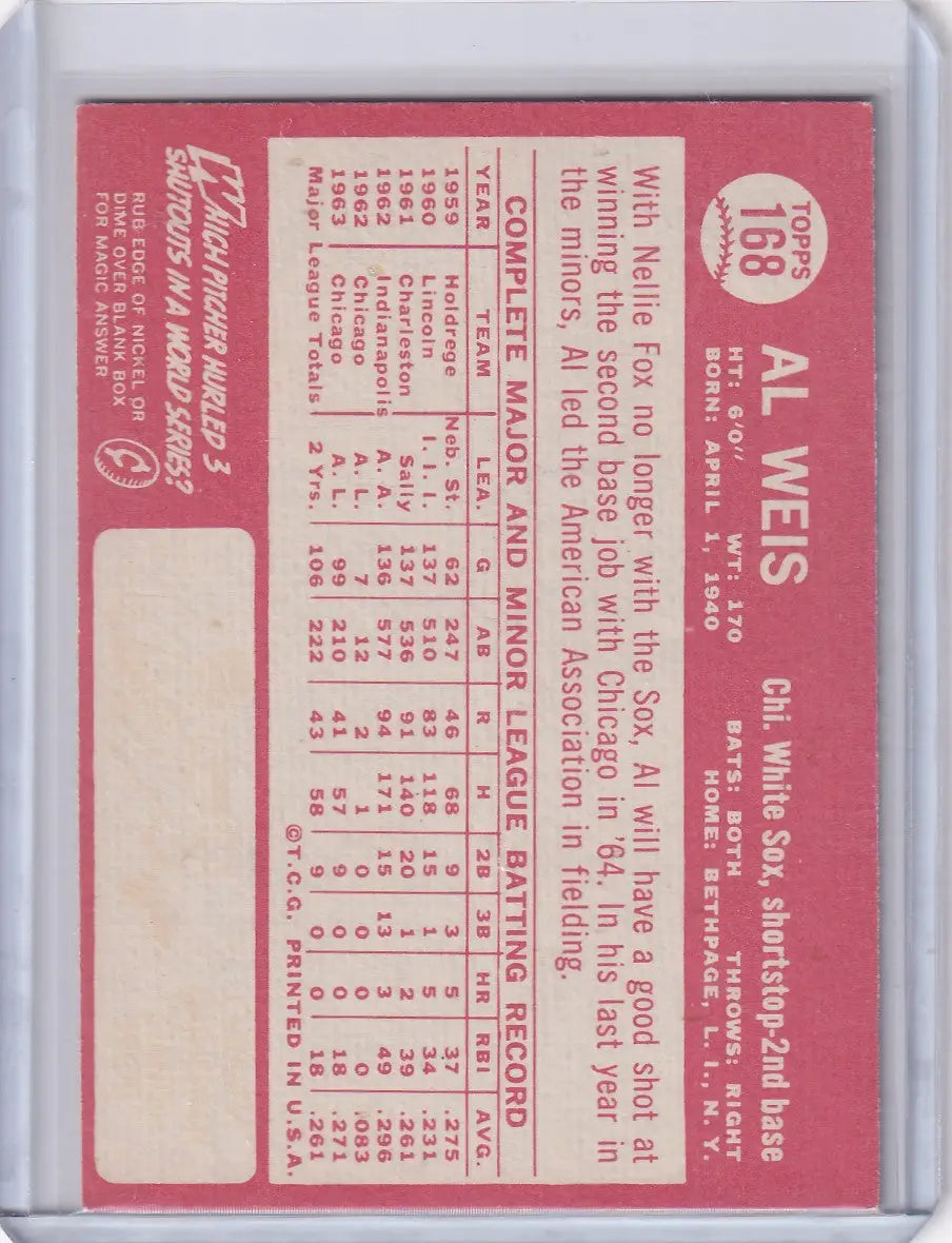 Back of 1964 Topps Baseball #168 Al Weis ASR card, featuring Chicago White Sox stats