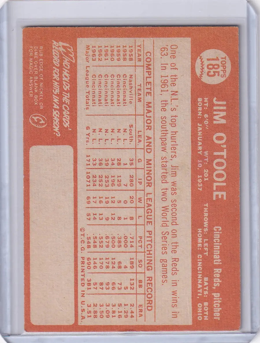 Back side of an orange Topps Baseball trading card featuring Jim O’Toole’s stats for Cincinnati Reds