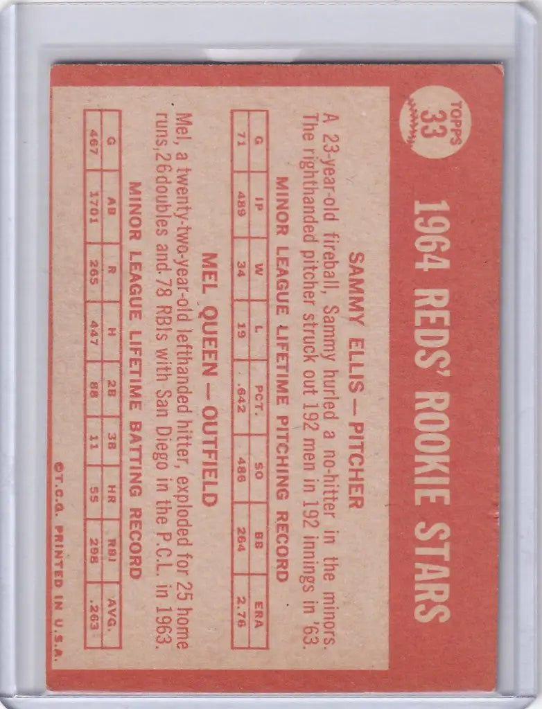Vintage 1964 Topps Baseball card of Mel Queen Cincinnati Reds player statistics