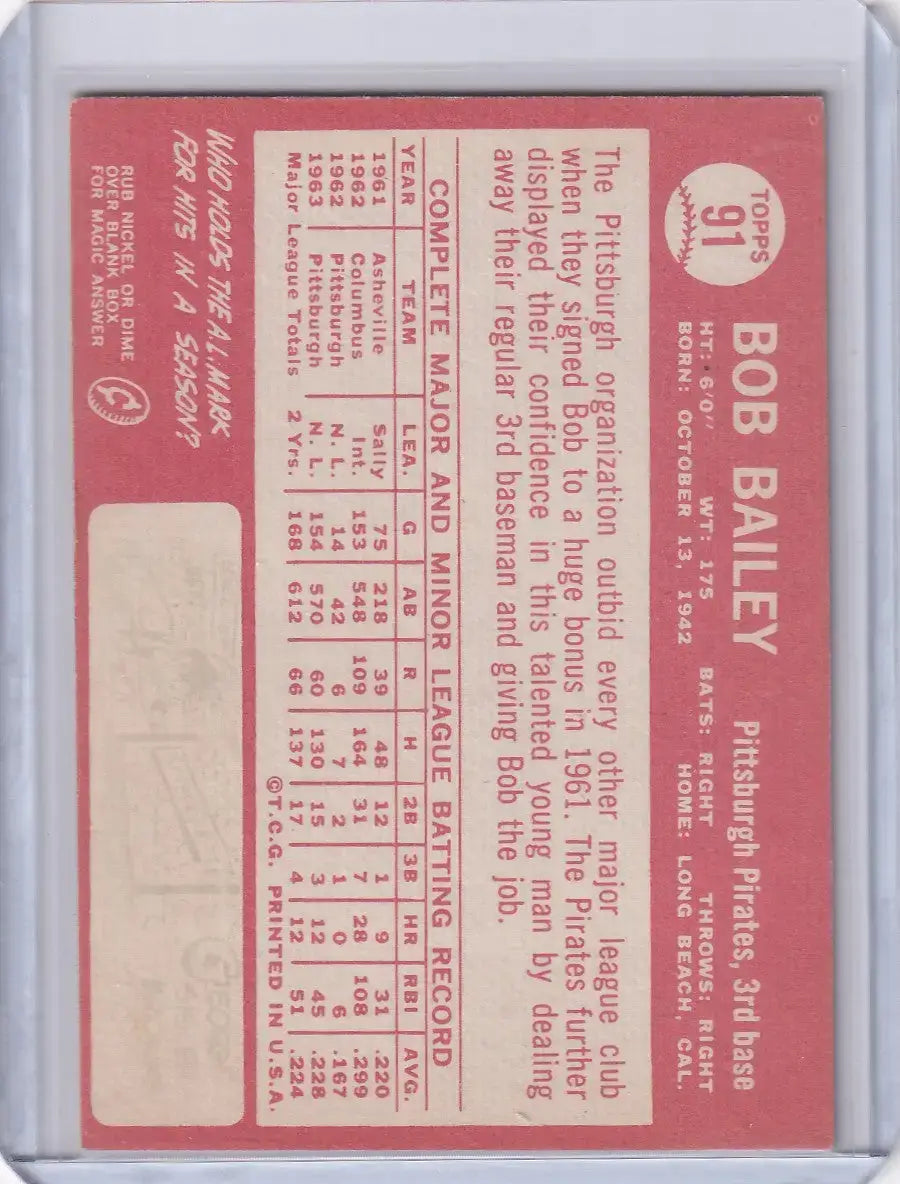 1964 Topps Baseball #91 Bob Bailey - Pittsburgh Pirates - Baseball Card Single