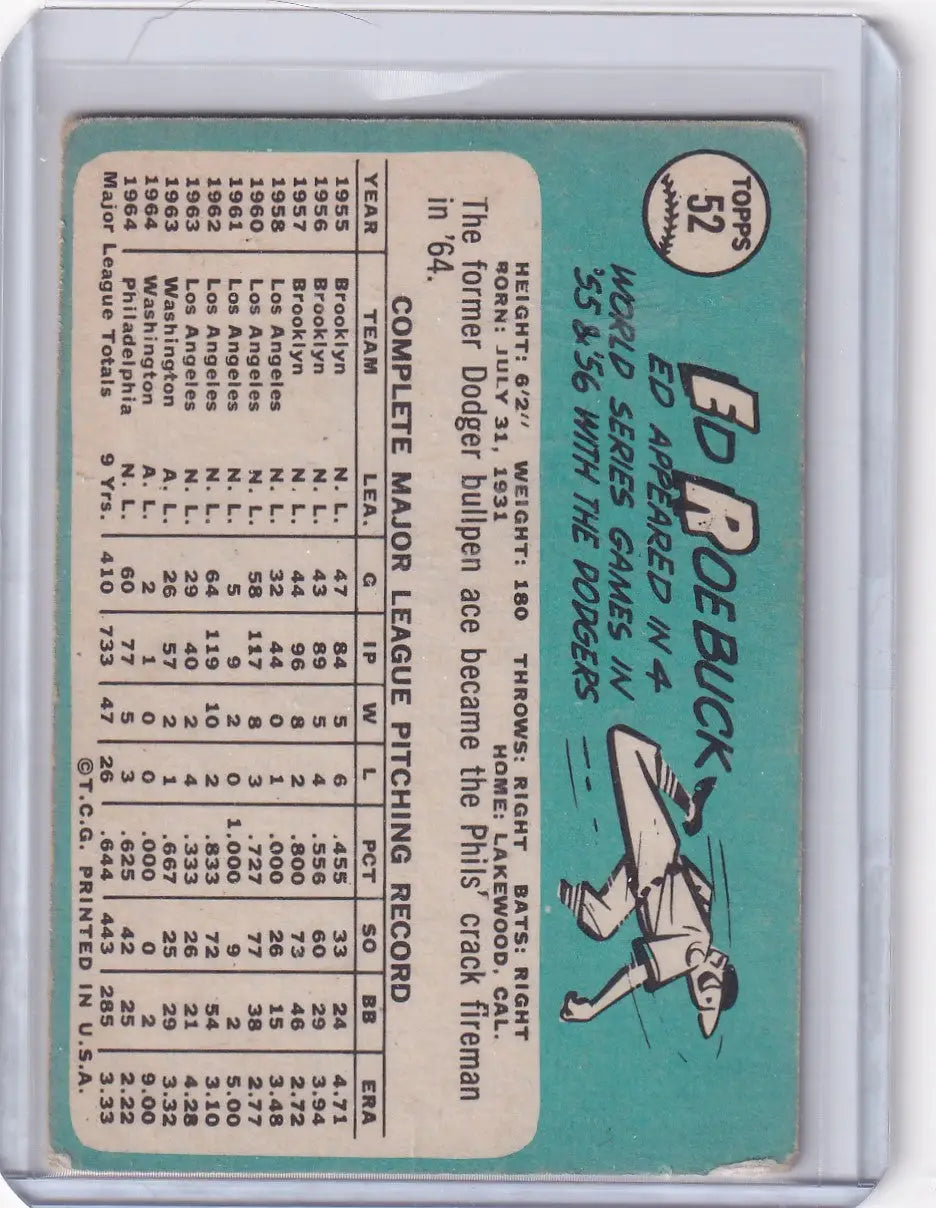 1965 Topps Baseball #52 Ed Roebuck trading card featuring player stats and illustration