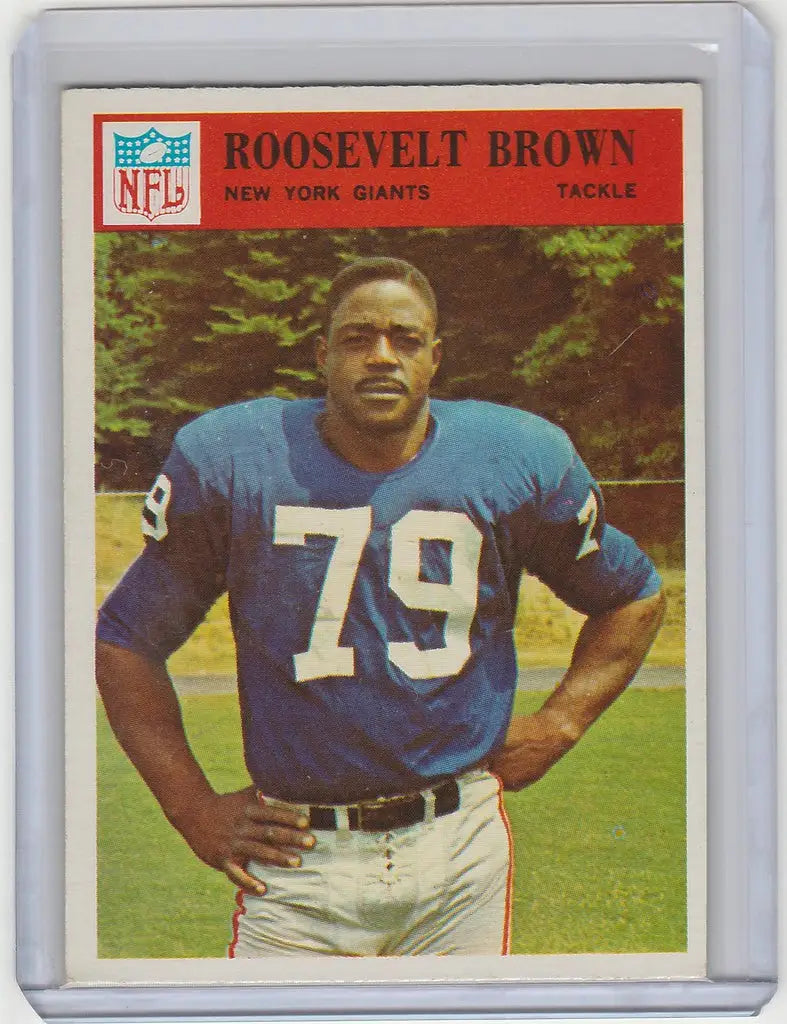 Vintage football card of Roosevelt Brown in New York Giants NRMT blue jersey number 79