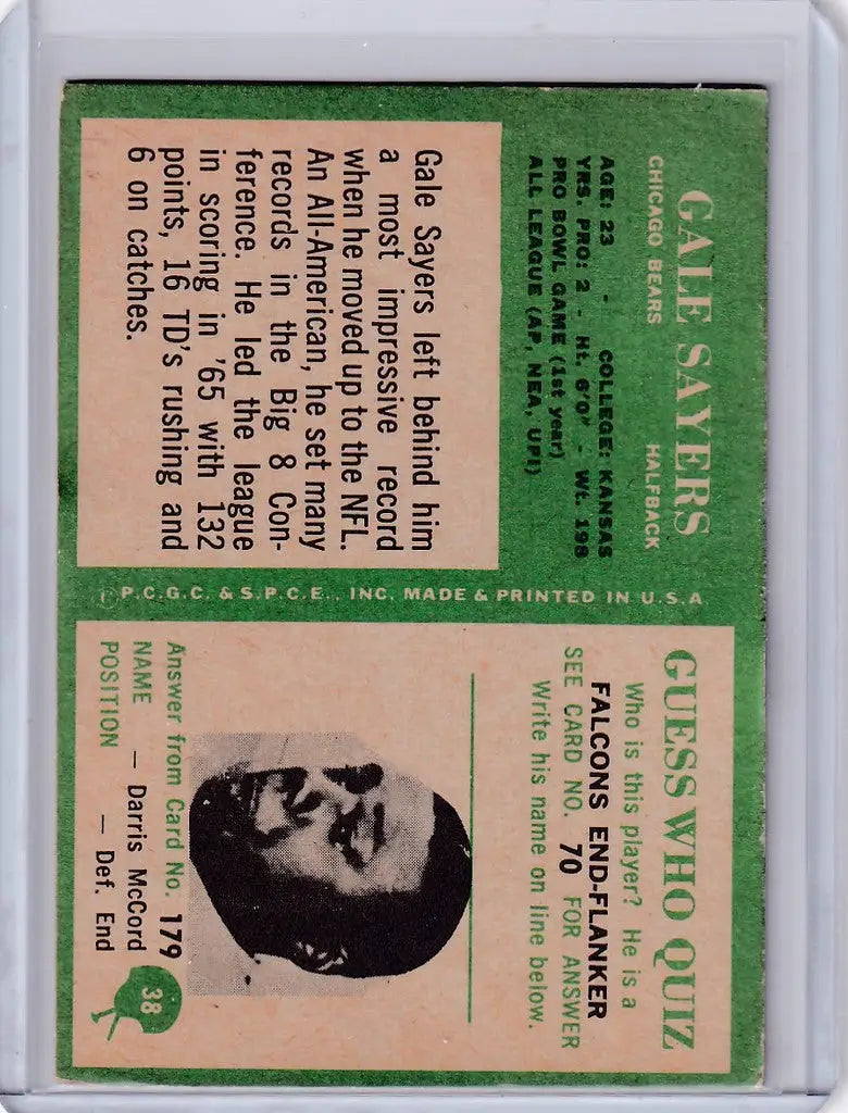 Vintage trading card of Gale Sayers, Chicago Bears player, on green and peach background