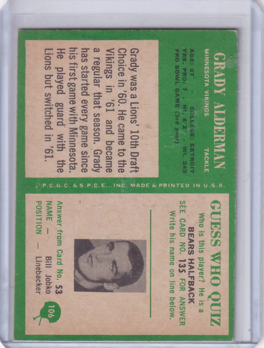 Vintage Philadelphia Football card featuring Grady Alderman of the Minnesota Vikings