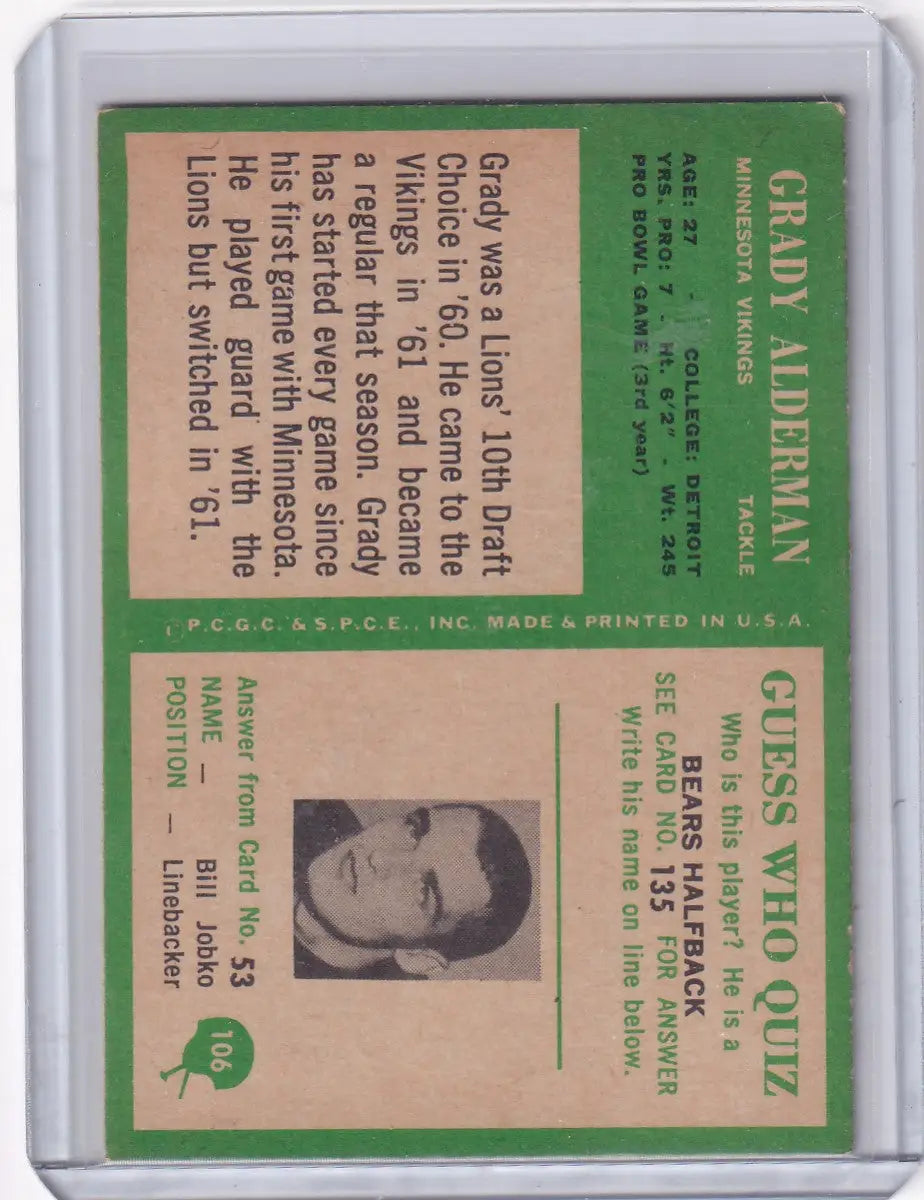1966 Philadelphia Football #106 Grady Alderman - Minnesota Vikings - Football Card Single