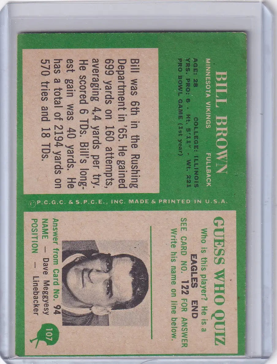 Vintage Philadelphia football card featuring Minnesota Vikings player Bill Brown 1966