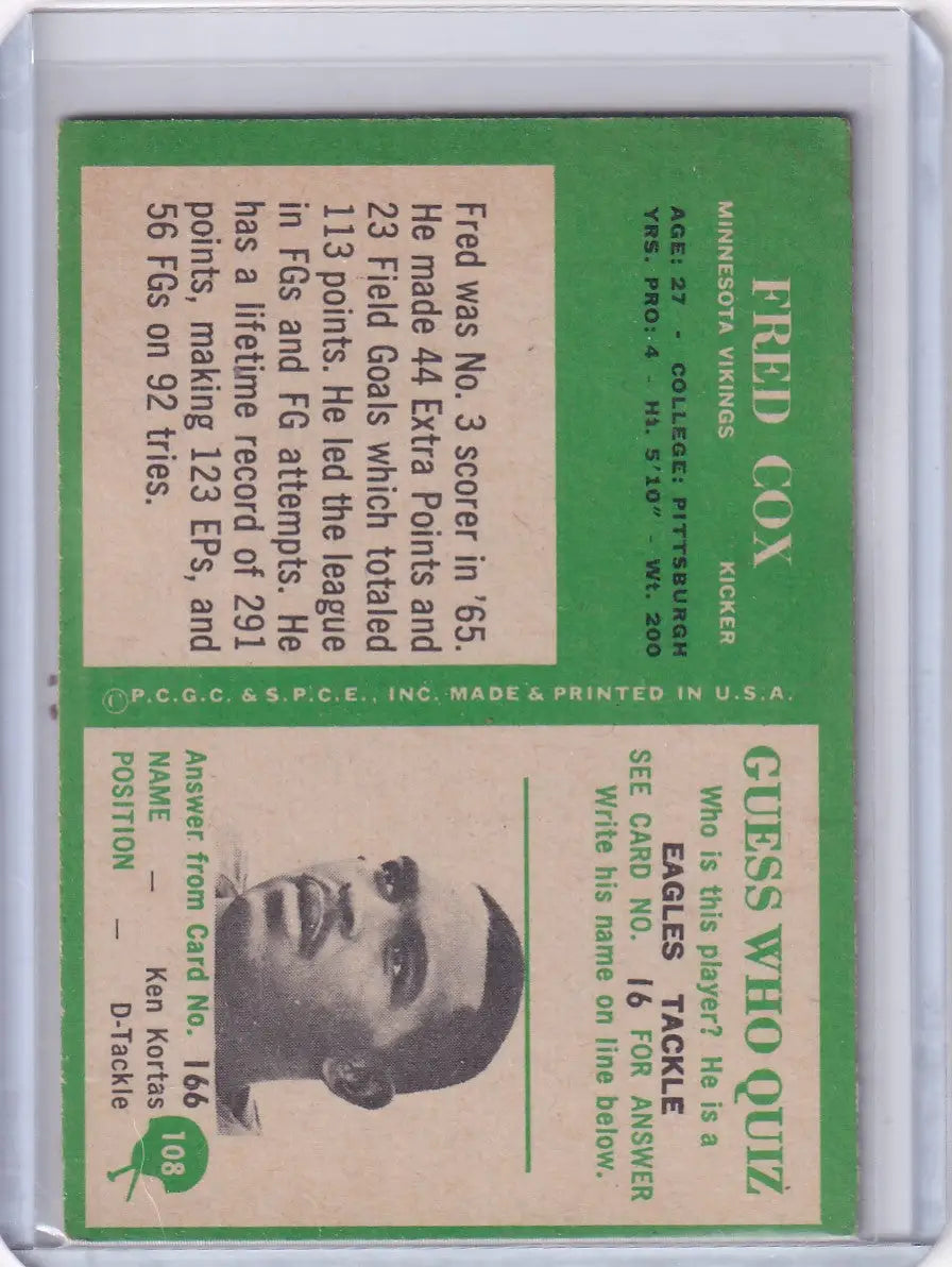 Vintage Philadelphia football card featuring Fred Cox of the Minnesota Vikings from 1966