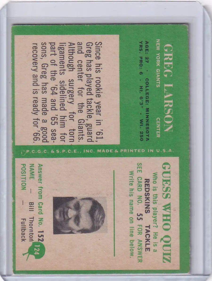 Vintage Philadelphia Football card of Greg Larson from the New York Giants 1966 series