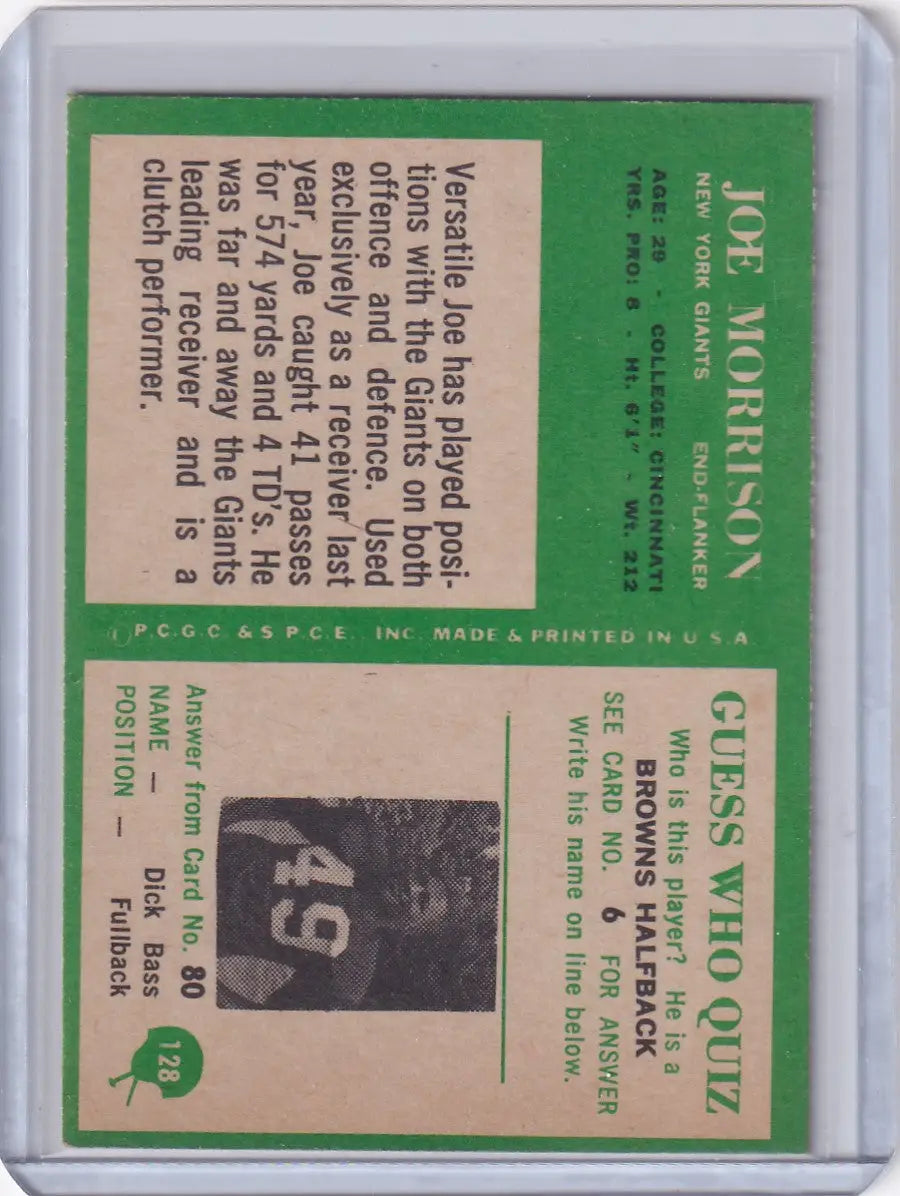 Vintage Philadelphia football card featuring Joe Morrison of the New York Giants