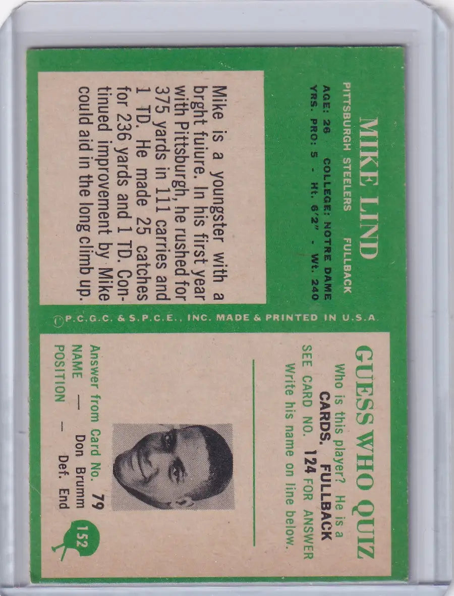 Vintage Philadelphia football card featuring Mike Lind of the Pittsburgh Steelers 1966
