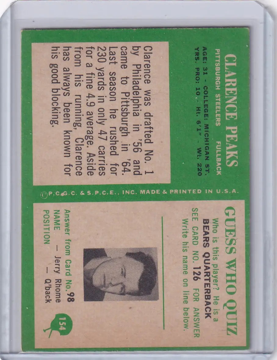 Vintage Clarence Peaks football card from 1966 Philadelphia Football featuring Pittsburgh Steelers
