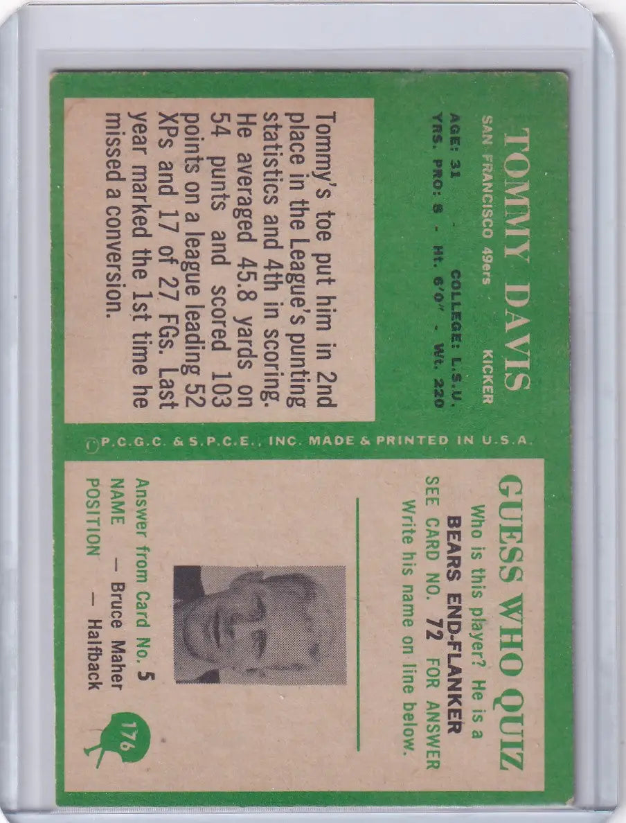 Vintage football card of Tommy Davis from the 1966 Philadelphia Football series featuring San Francisco 49ers