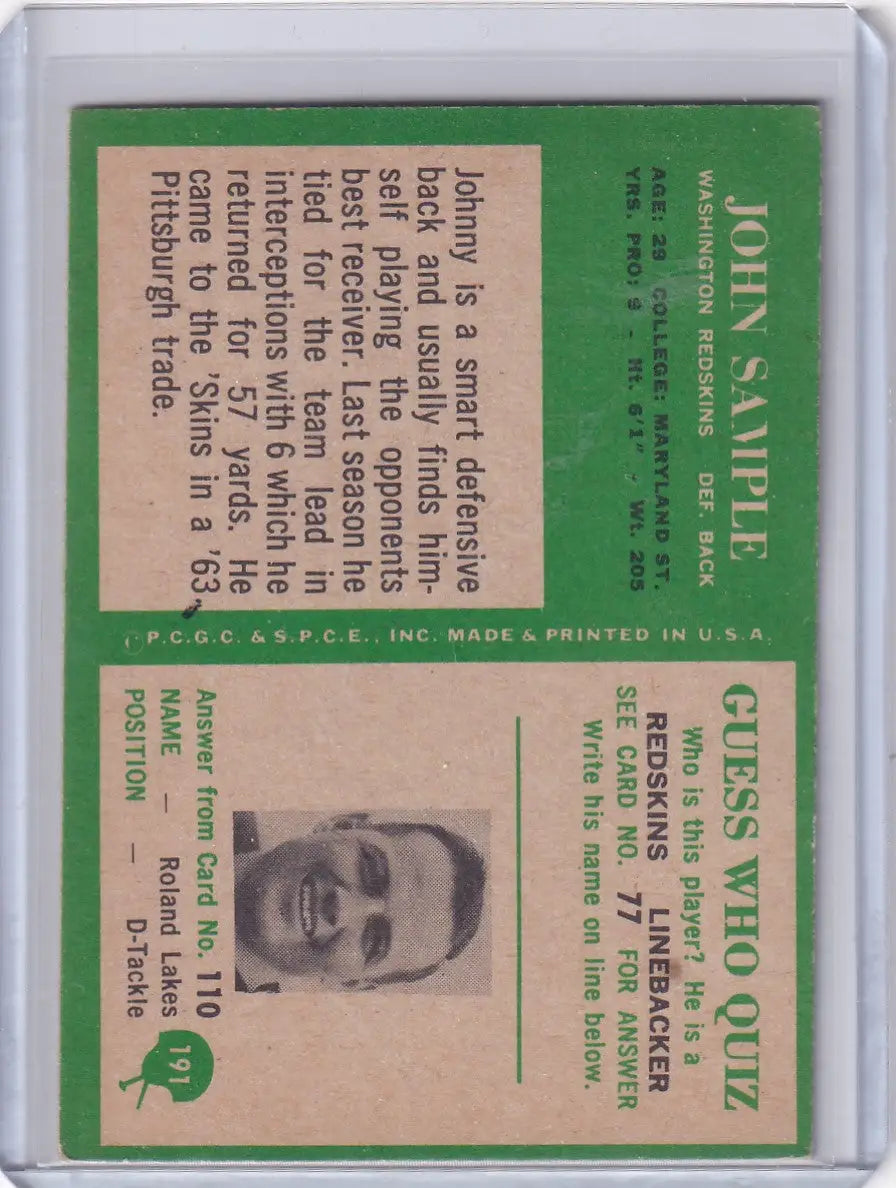1966 Philadelphia Football #191 Johnny Sample - Washington Redskins - Football Card Single
