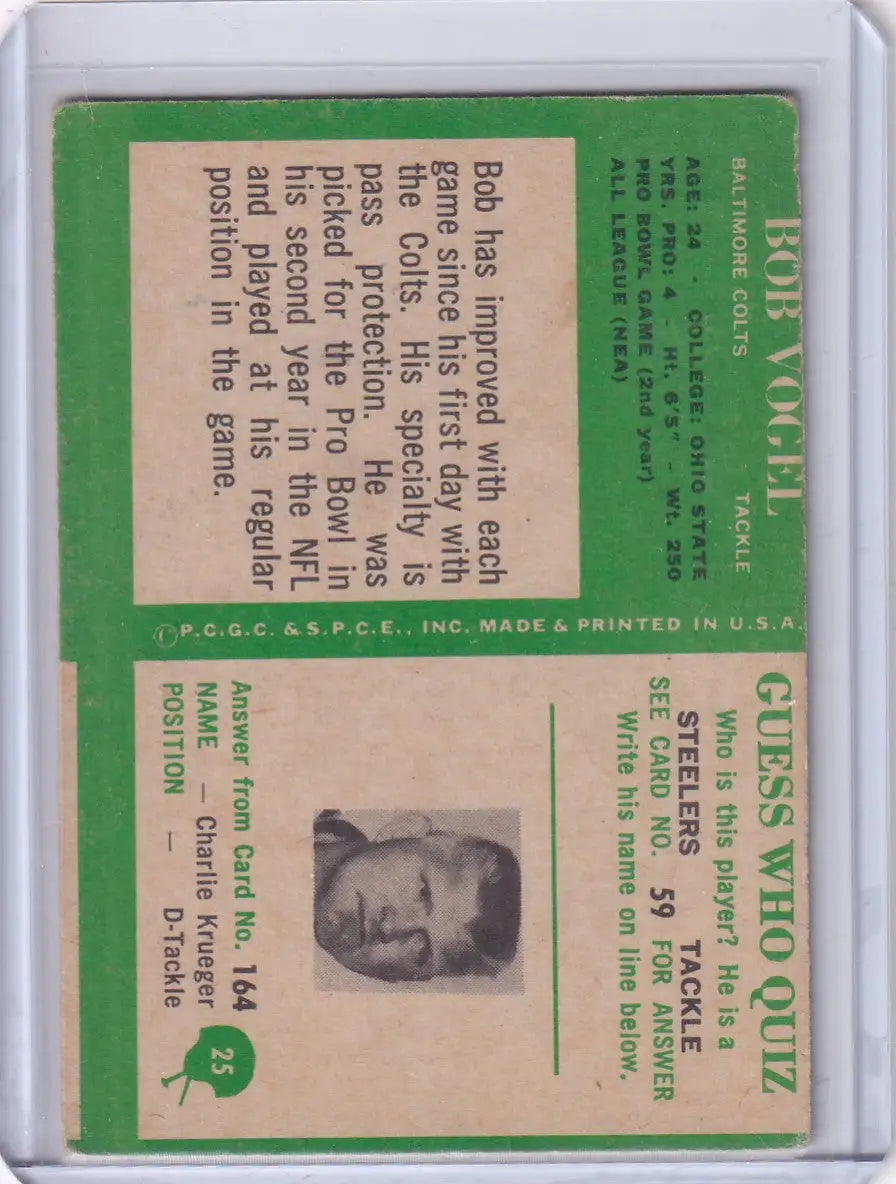 Vintage Philadelphia football card featuring Bob Vogel of the Baltimore Colts from 1966