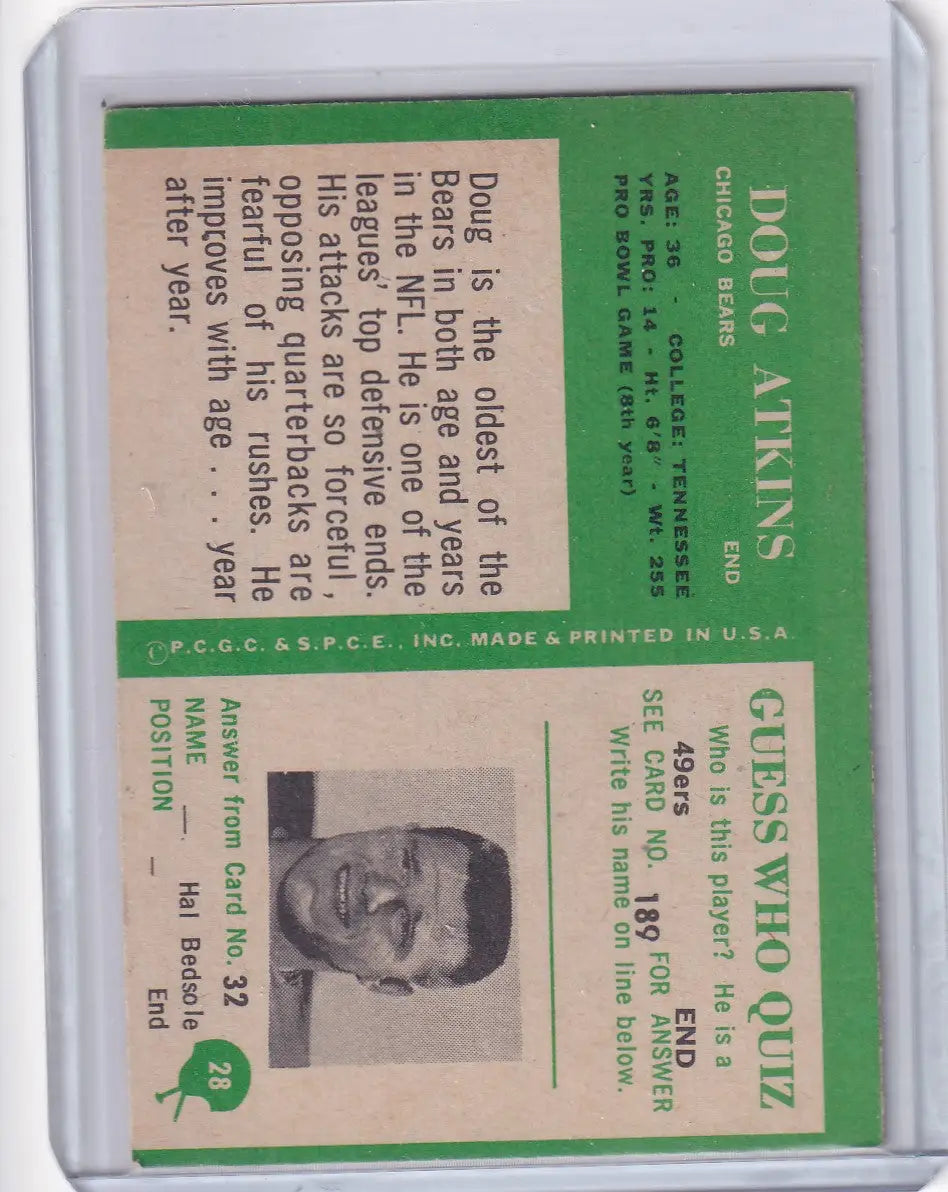 Vintage Philadelphia Football trading card of Doug Atkins from the Chicago Bears in protective sleeve