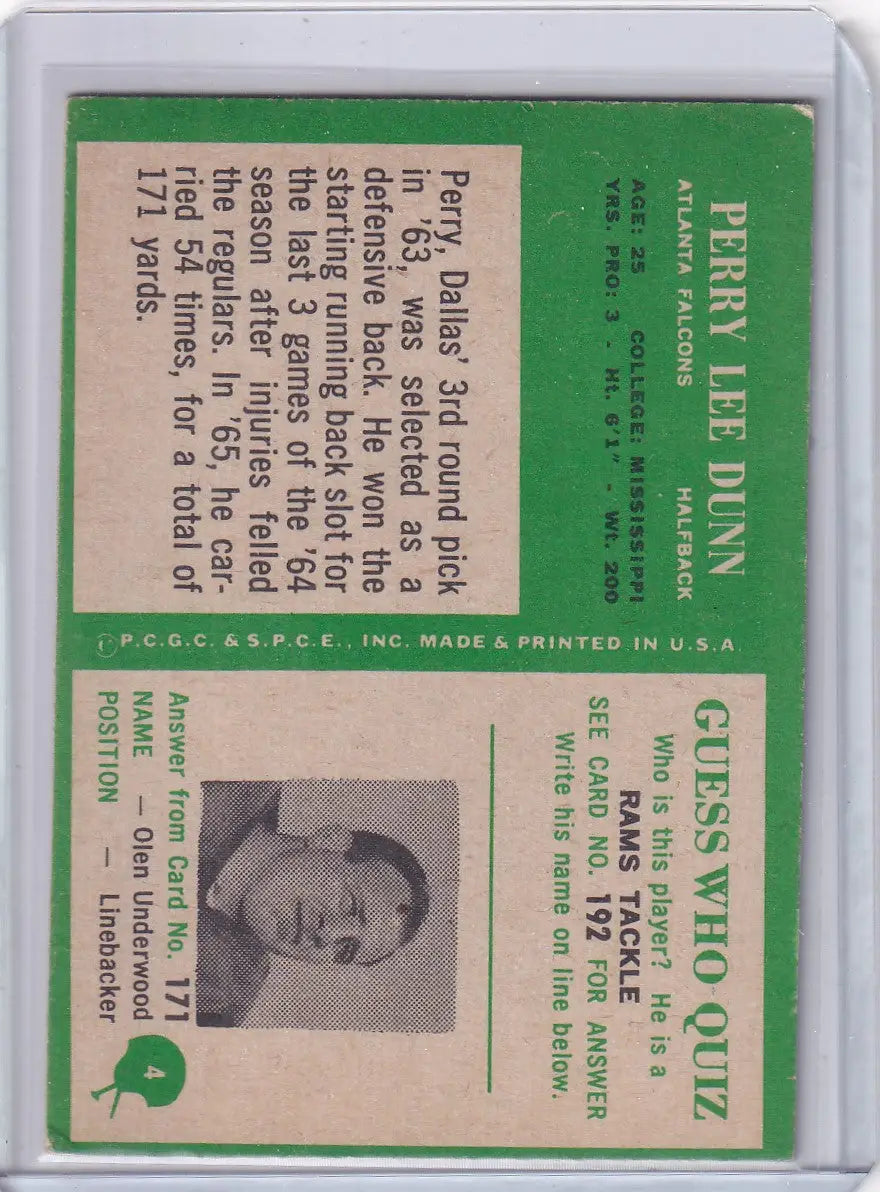 1966 Philadelphia Football #4 Perry Lee Dunn - Atlanta Falcons RC - Football Card Single