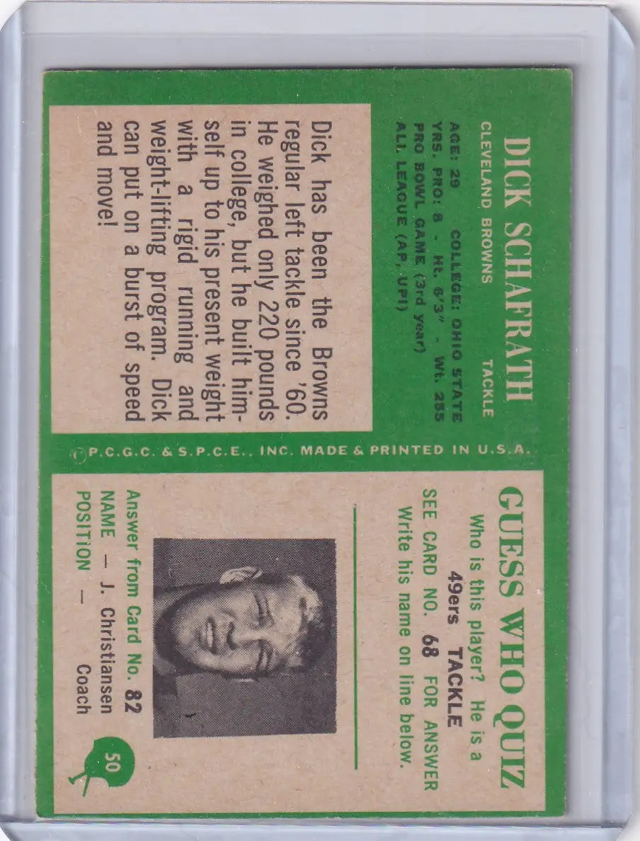 Vintage football card of Dick Schafrath from the 1966 Philadelphia Football Cleveland Browns series