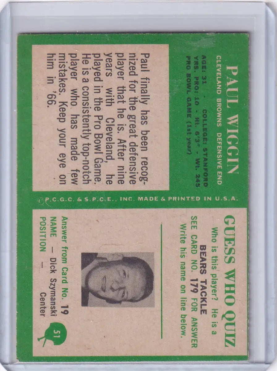 Vintage Philadelphia football card featuring Paul Wiggin from the Cleveland Browns team