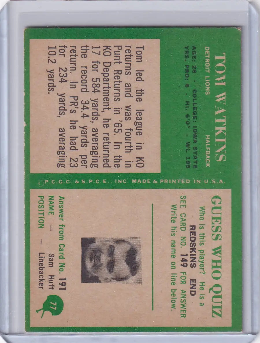 Vintage Philadelphia football card of Tom Watkins from the Detroit Lions 1966 Philadelphia Football collection