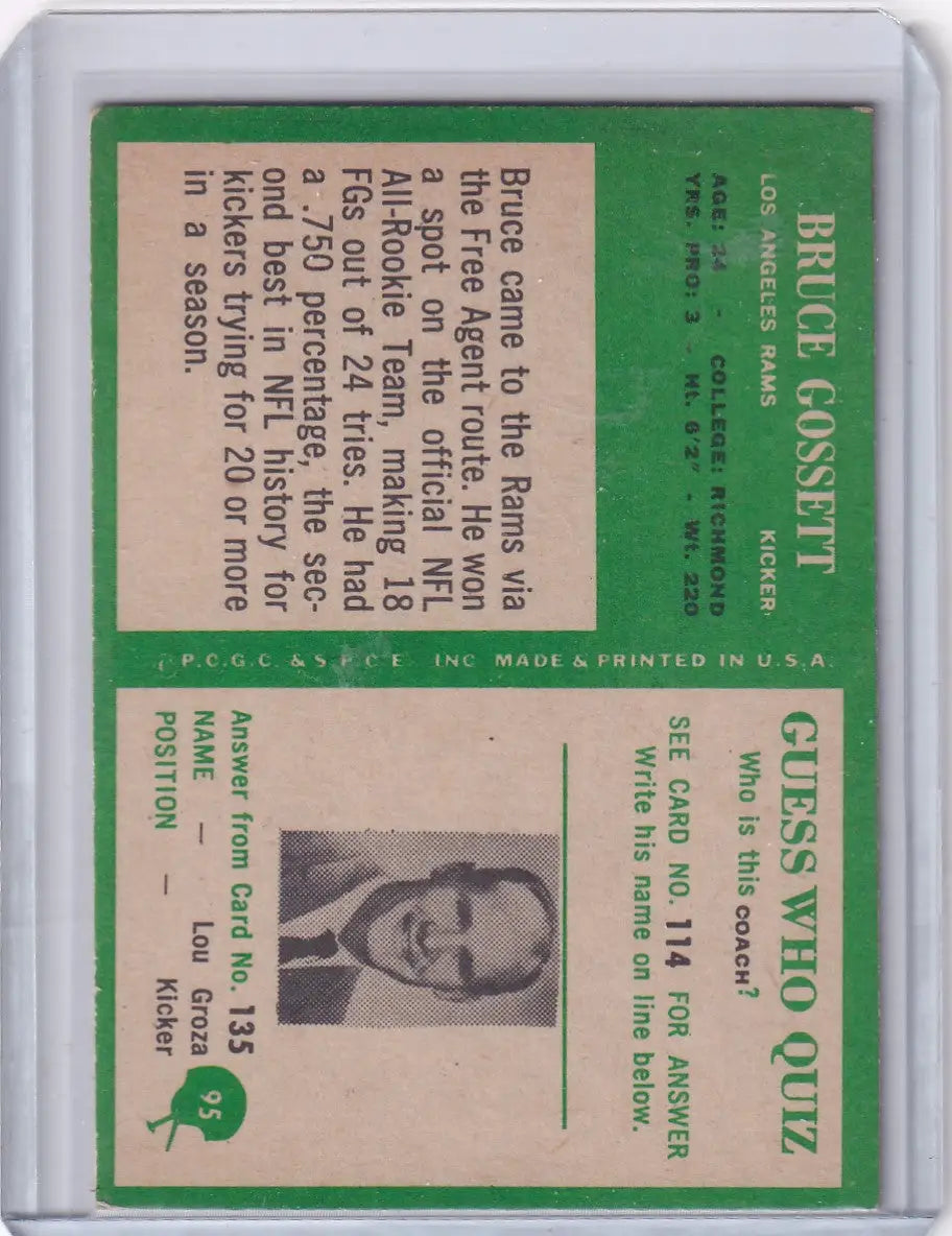 Football card of Bruce Gossett from the 1966 Philadelphia Football series, Los Angeles Rams