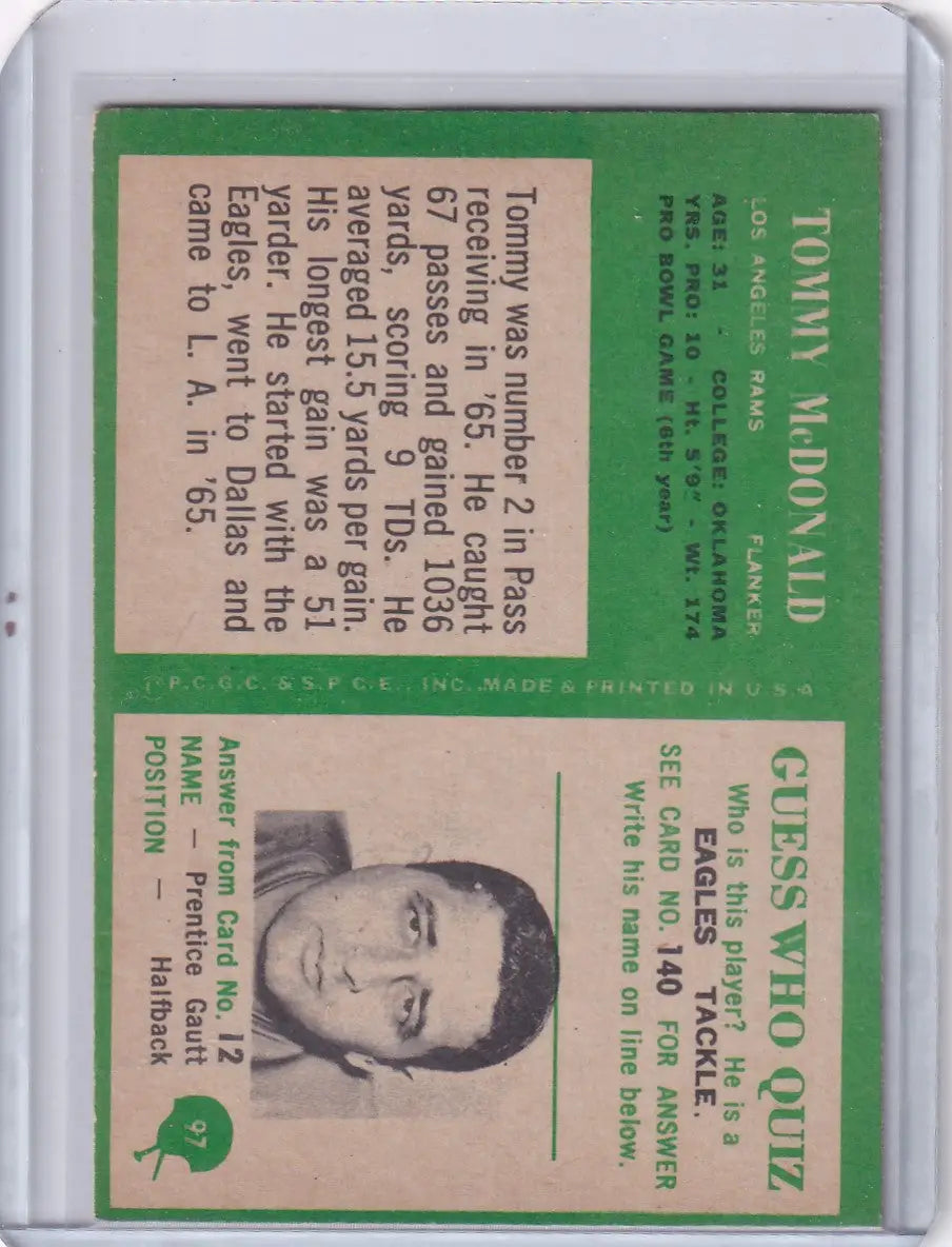1966 Philadelphia Football #97 Tommy McDonald - Los Angeles Rams - Football Card Single