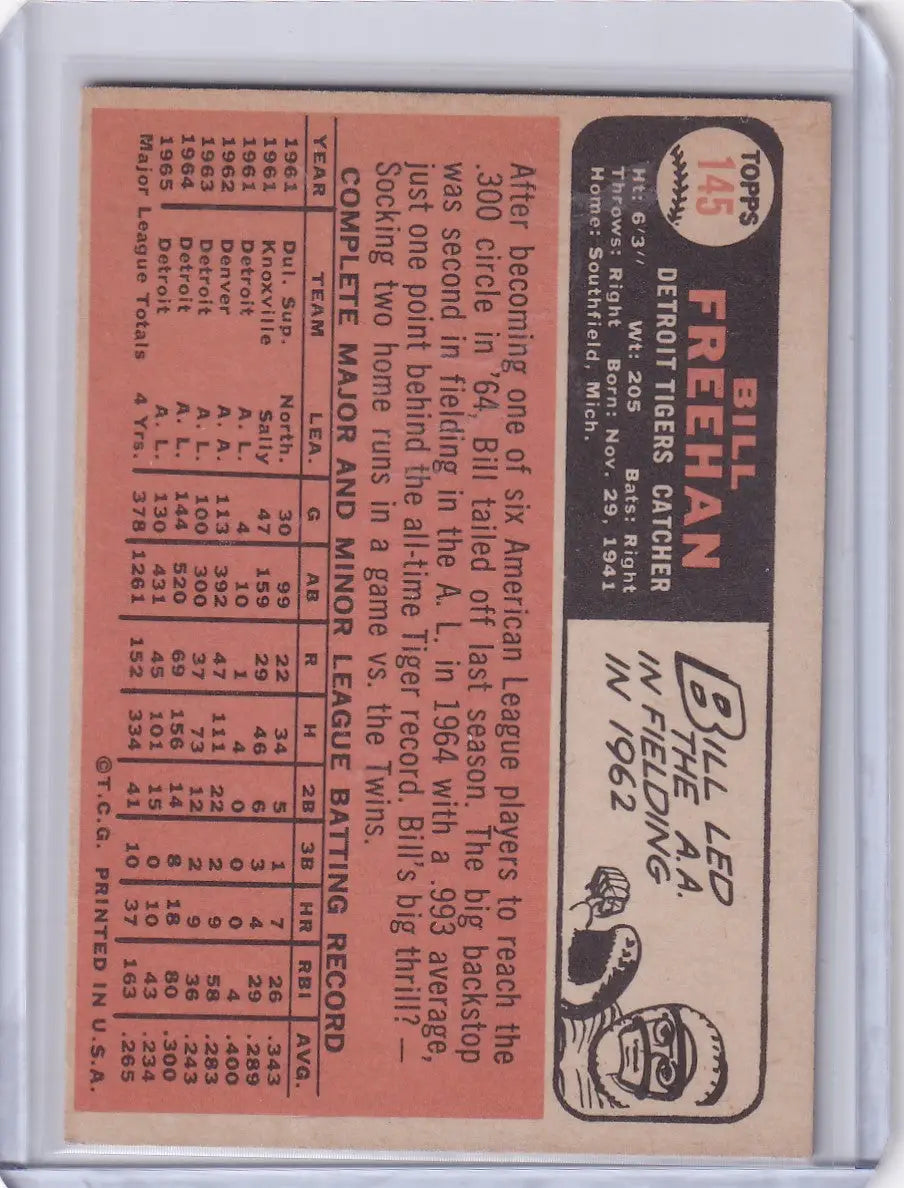 Vintage Topps Baseball card of Bill Freehan - Detroit Tigers on reddish-orange background