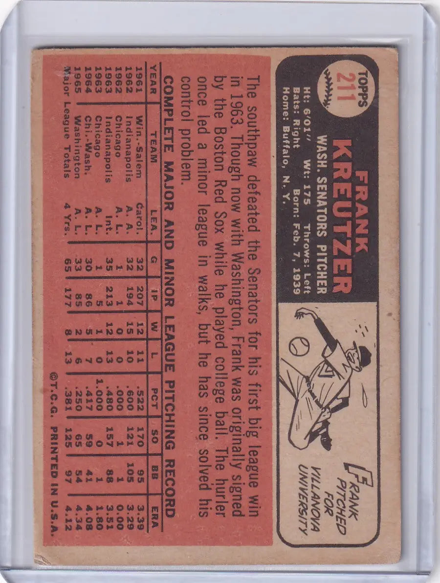Vintage Topps Baseball card of Frank Kreutzer showcasing Washington Senators stats