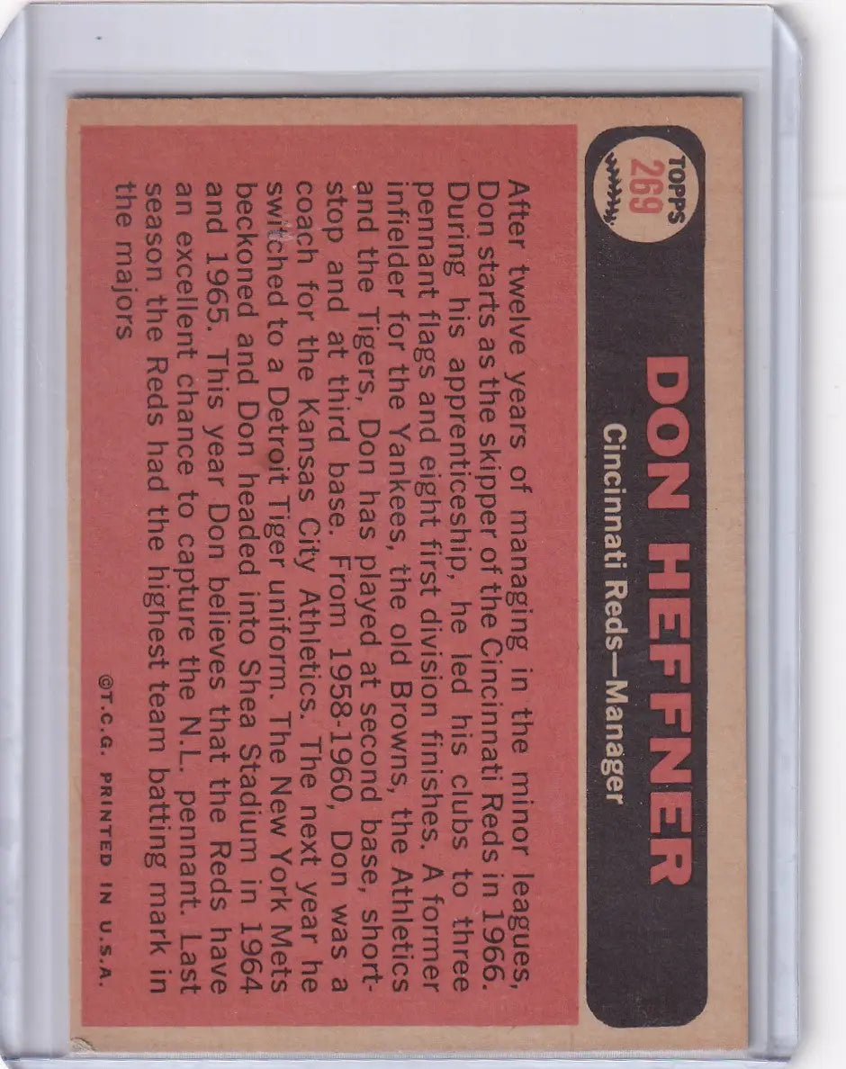 1966 Topps Baseball card of Don Heffner with Cincinnati Reds stats on pink background