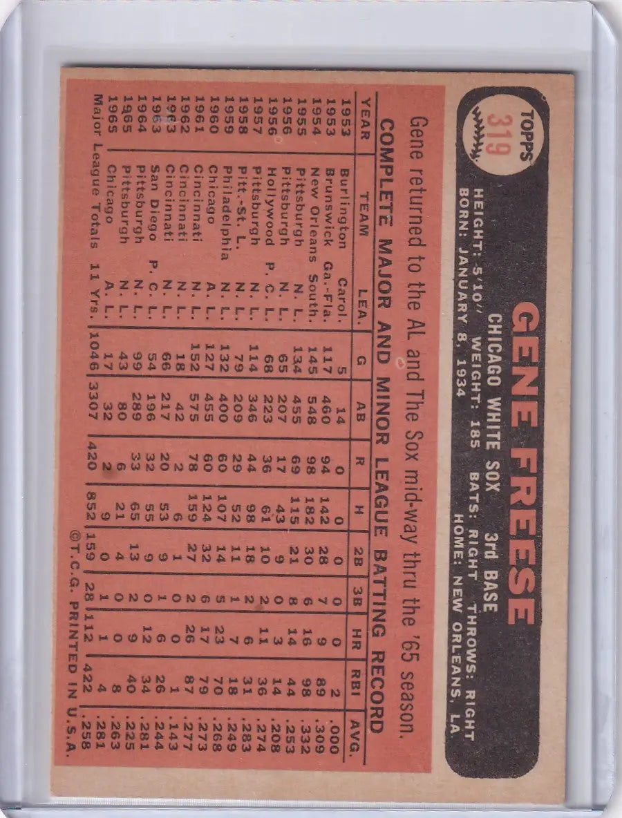 1966 Topps Baseball card of Gene Freese showcasing Chicago White Sox player stats