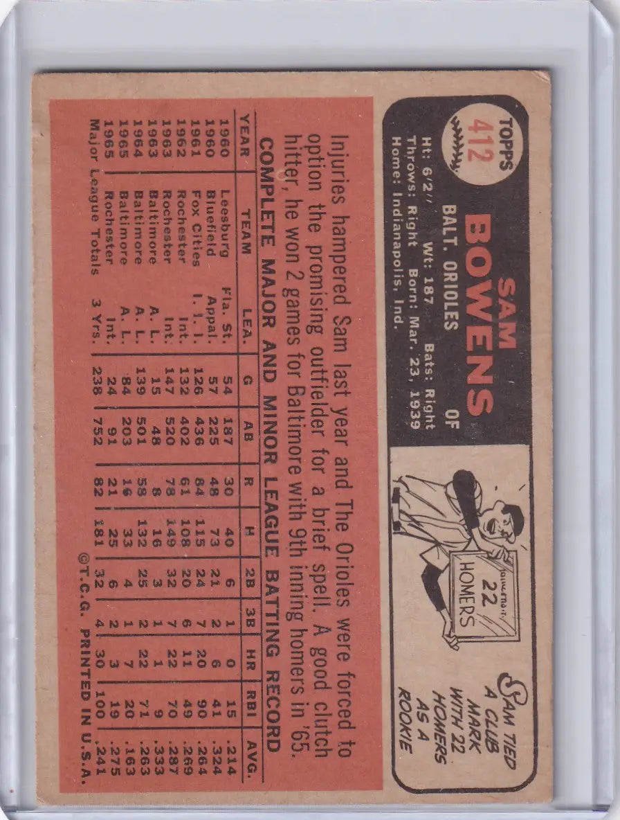 Vintage Topps Baseball card of Sam Bowens showcasing Baltimore Orioles statistics