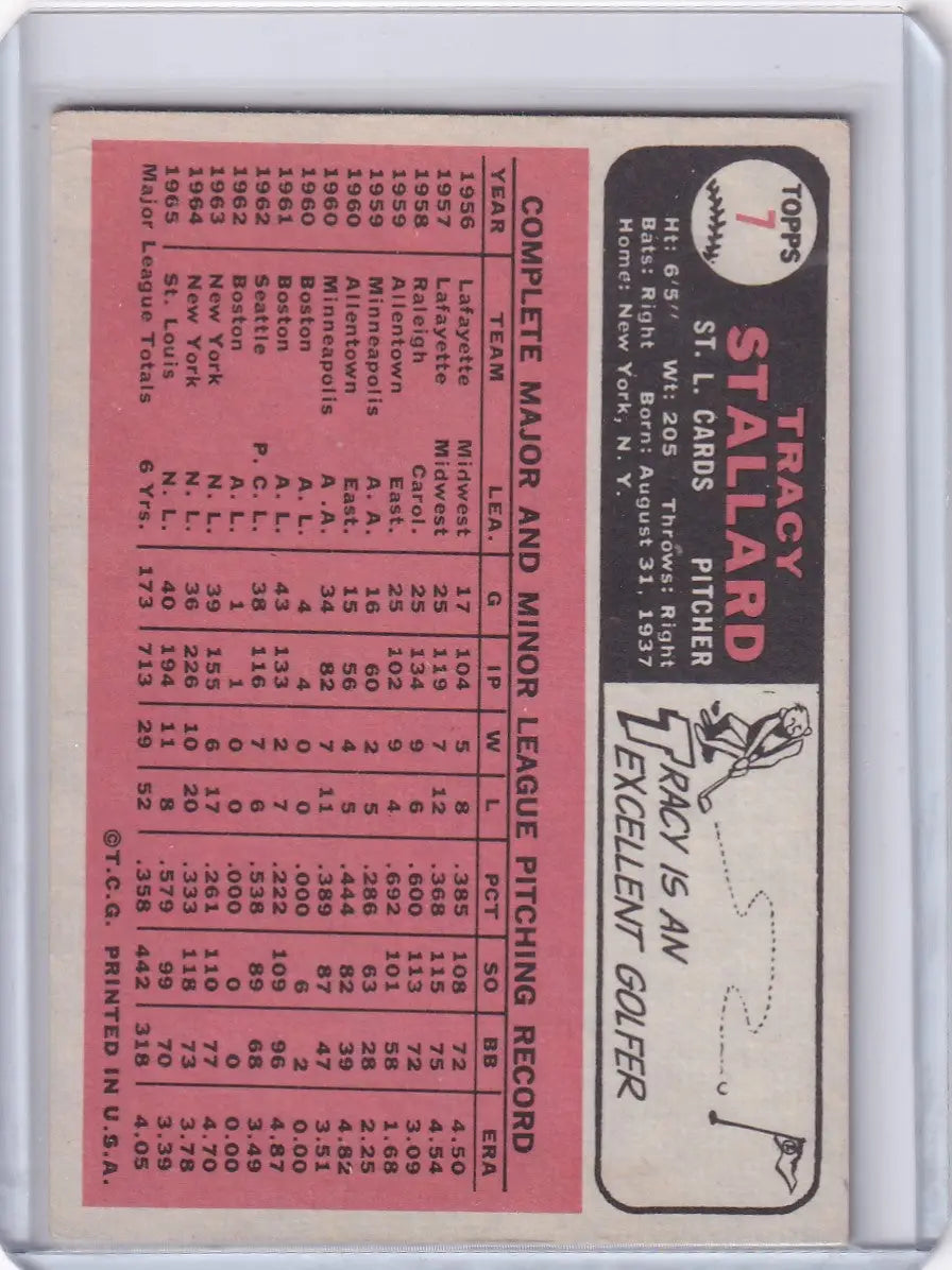 Pink Topps Baseball card of Tracy Stallard featuring St. Louis Cardinals stats