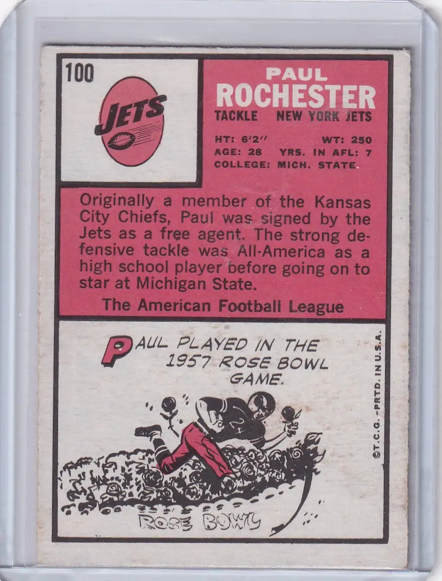 Vintage 1966 Topps Football card of Paul Rochester from the New York Jets
