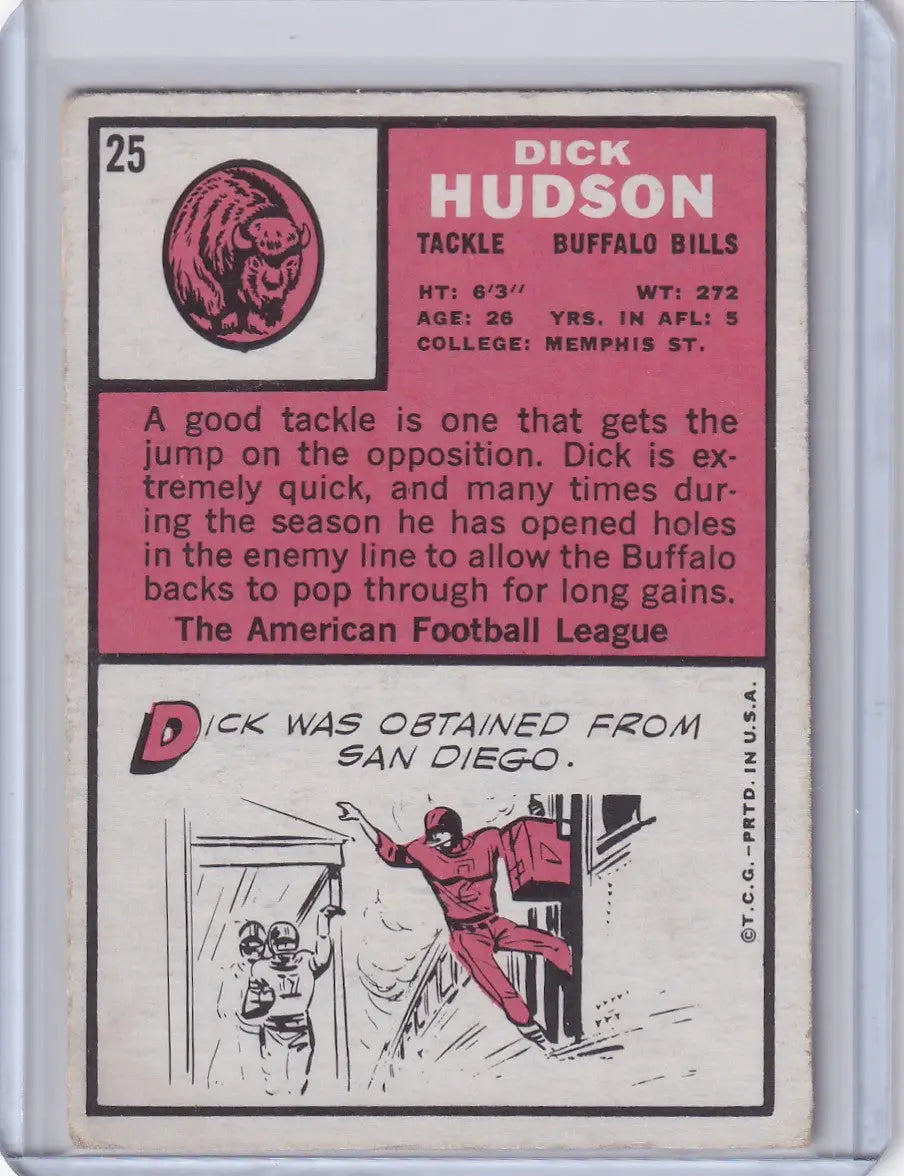 Vintage 1960s Topps Football card of Dick Hudson from the Buffalo Bills with pink accents
