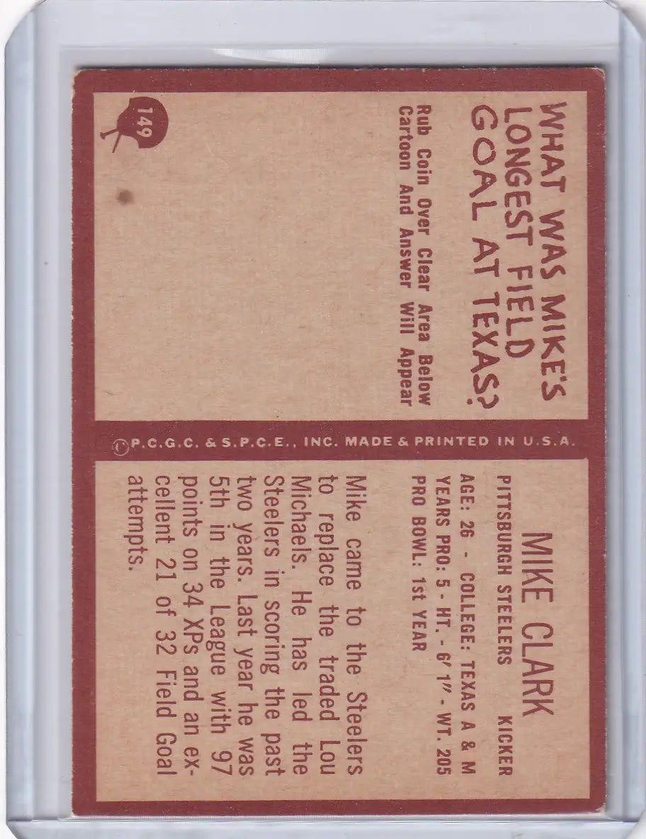 Vintage Mike Clark football card from 1967 Philadelphia Football featuring Pittsburgh Steelers