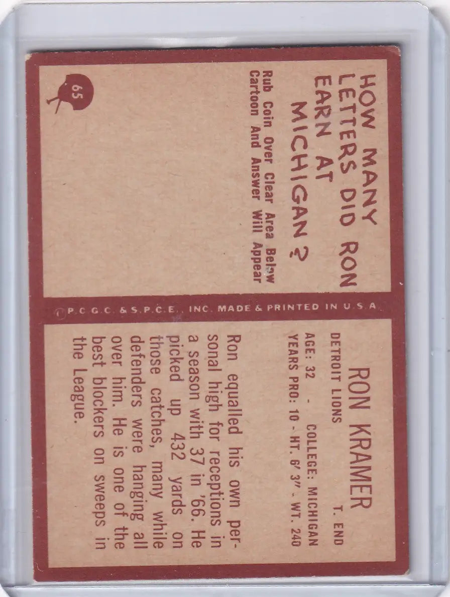 Vintage Ron Kramer football card from 1967 Philadelphia Football featuring Detroit Lions star