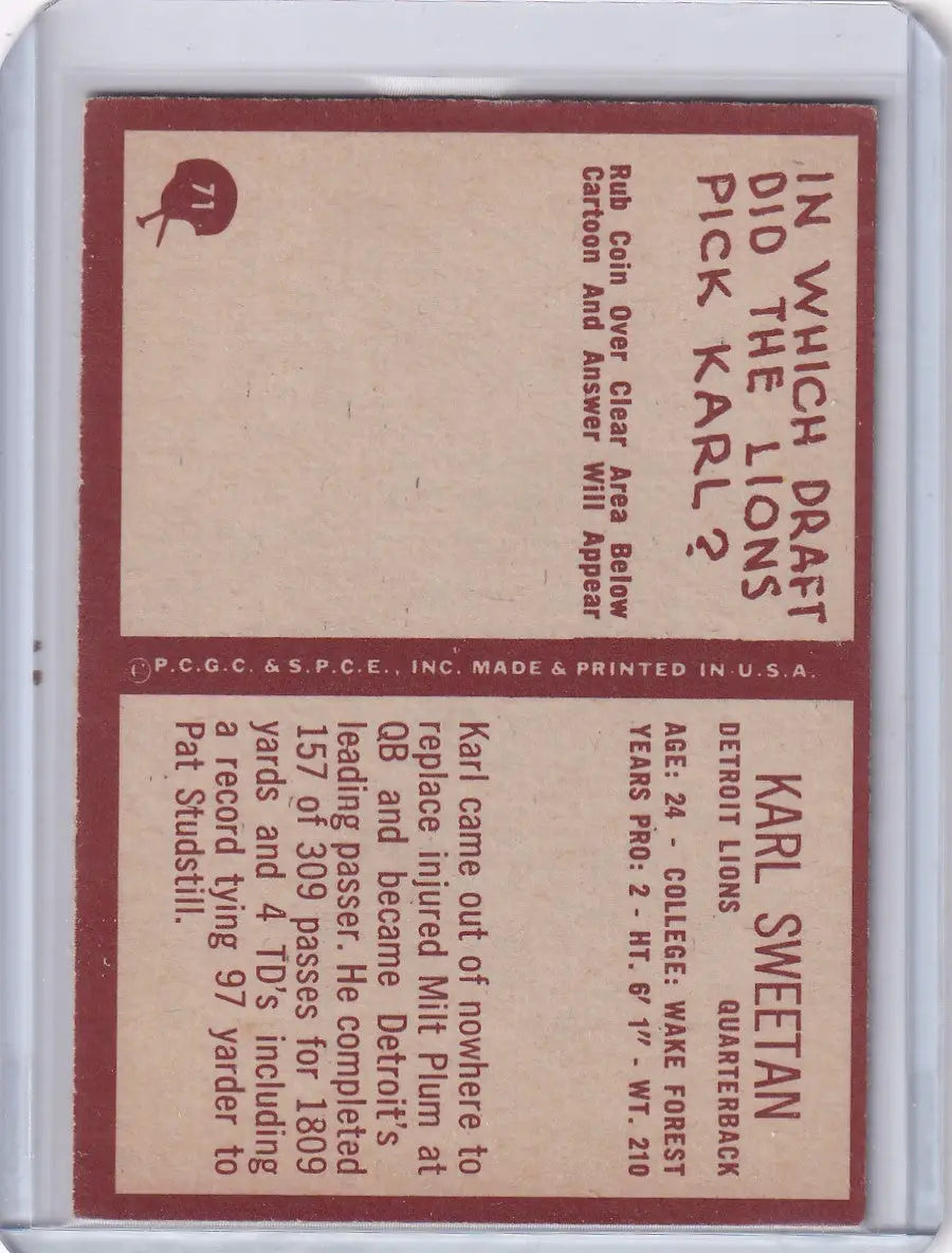Vintage Philadelphia Football card featuring Karl Sweetan of the Detroit Lions from 1967