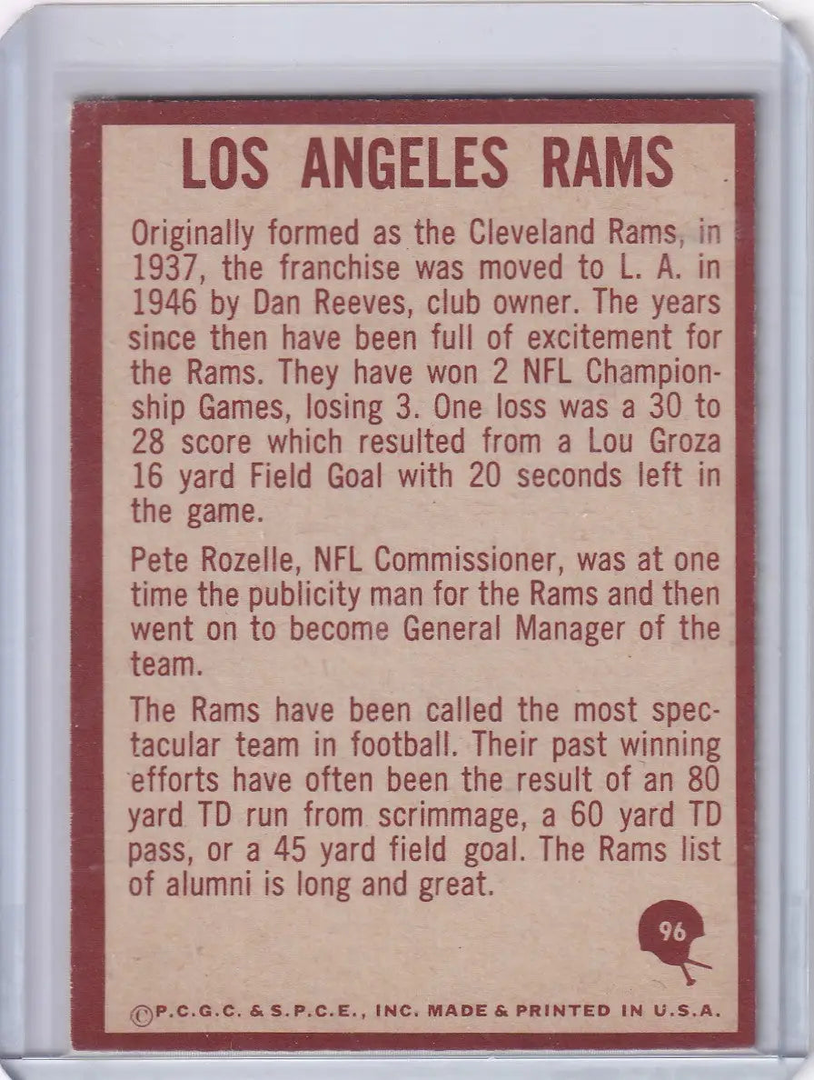 Vintage Los Angeles Rams card featuring 1967 Philadelphia football Rams insignia logo