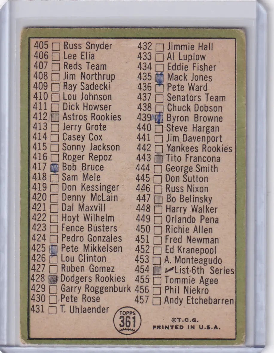 1967 Topps Baseball #361 Checklist (#371-457) Roberto Clemente - Baseball Card Single