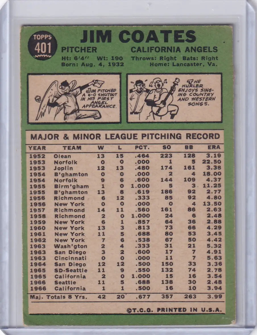 1967 Topps Baseball #401 Jim Coates - California Angels - Baseball Card Single