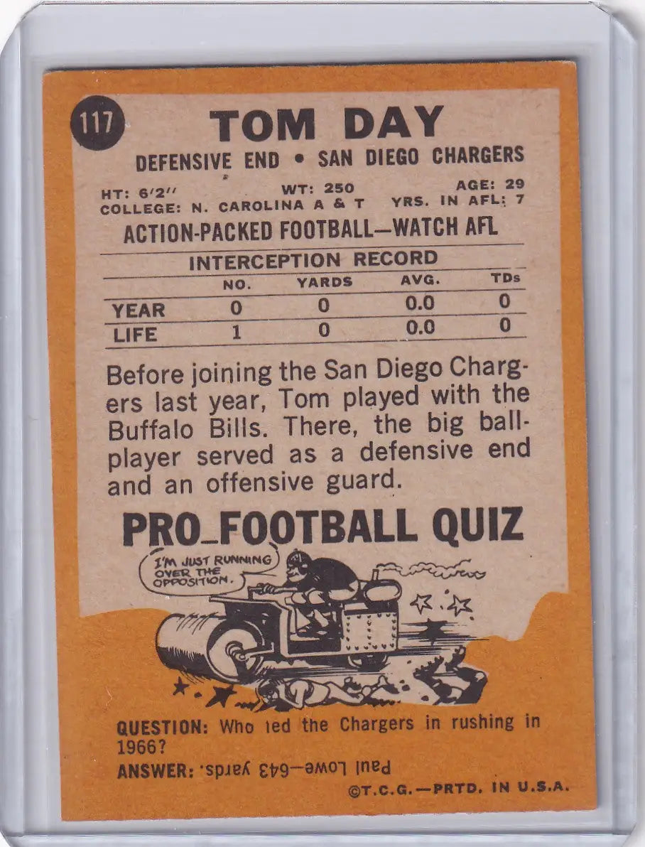 1967 Topps Football #117 Tom Day - San Diego Chargers - Football Card Single
