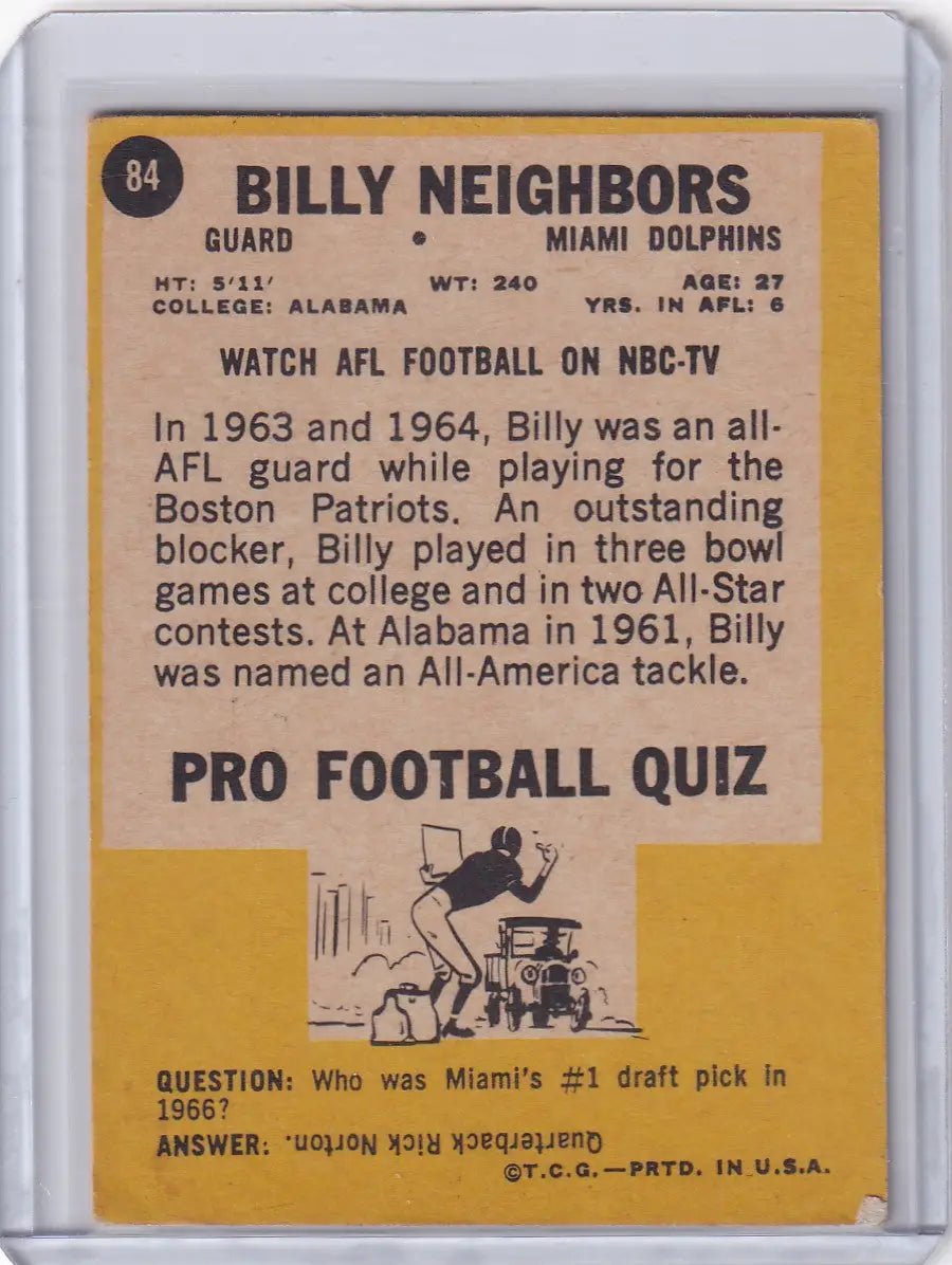1967 Topps Football #84 Bill Neighbors - Miami Dolphins - Football Card Single